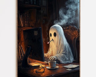 Funny Smoking Ghost Working at a Computer in the Library Wall Art, Halloween Decor, Spooky Funny Poster, Funny Ghost Painting, Quirky Art