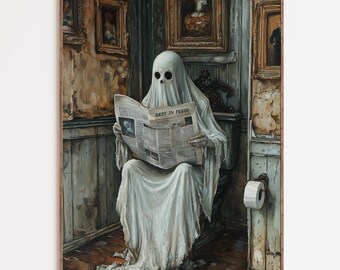 Ghost Reading Newspaper on the Toilet Print,Funny Ghost Bathroom Art,Vintage Ghost on Toilet Wall Art, Ghost Painting,Halloween Bathroom Art