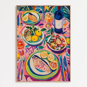 May include: A colorful painting of a table setting with a fish, lemons, salad, and a bottle of wine. The table is covered in a pink tablecloth with a floral pattern. The painting is done in a vibrant style with bold colors.