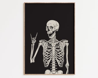 May include: A black and white illustration of a skeleton giving the peace sign. The skeleton is smiling and has a black background.