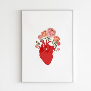 Blooming Heart Wall Art,Anatomical Heart Flowers,Floral Heart Print,Blooming Human Heart,Anatomy Wall Art,Printable Human Heart Illustration