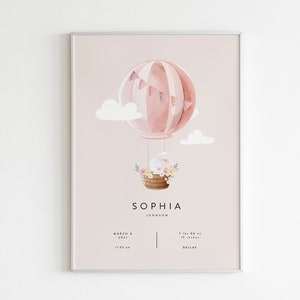 Bunny Pink Balloon Birth Stats Printable, Personalized Birth Announcement, Baby Girl Birth Stats Sign,Newborn Announcement,Girl Rabbit Print