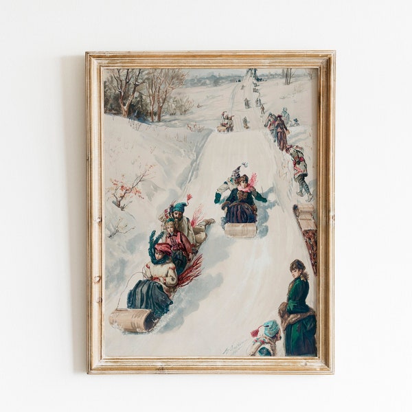 Children on Sleds Printable Wall Art, Tobogganing Print, Winter Lanscape Print, Vintage Christmas Gallery Wall,Christmas Sign,Snow Printable