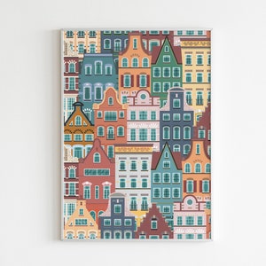 Può includere: Un'illustrazione colorata di uno skyline urbano con molti edifici in varie tonalità di rosso, arancione, giallo, blu e verde. Gli edifici sono tutti di forme e dimensioni diverse e sono disposti in modo casuale.