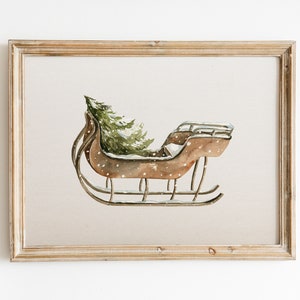 Watercolor Sleigh with Christmas Tree Printable Wall Art,Vintage Sleigh Poster, Christmas Print, Christmas Prints Gallery Wall,Winter Prints