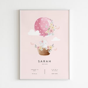 Bunny Pink Balloon Birth Stats Printable, Personalized Birth Announcement, Baby Girl Birth Stats Sign,Newborn Announcement,Girl Rabbit Print
