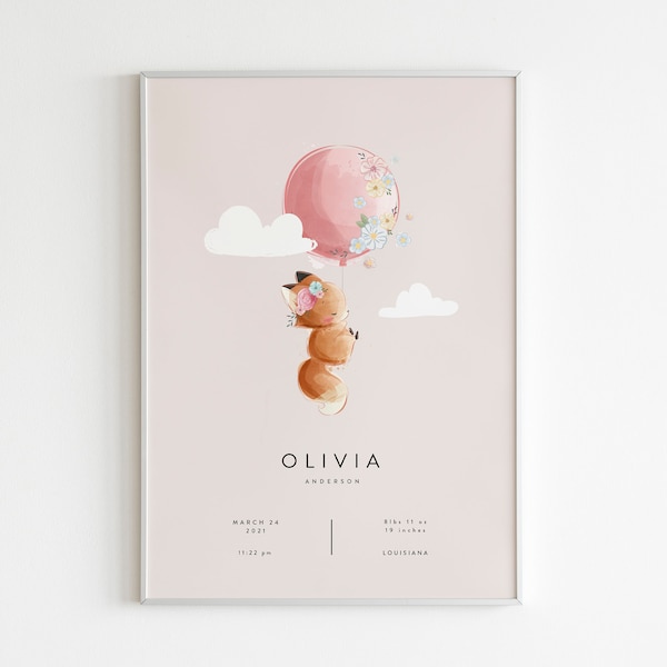 Globo imprimible con estadísticas de nacimiento de zorro bebé, estadísticas de nacimiento de niña personalizadas, letrero con estadísticas de nacimiento de niño, anuncio de recién nacido, impresión de animales bebés