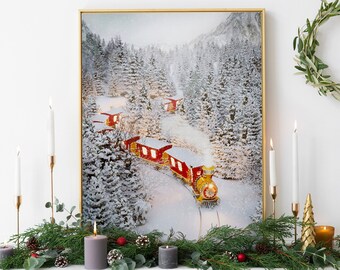 Red Steam Train Printable Wall Art, Christmas Express Train Poster, Christmas Winter Wall Decor, Christmas Red Train Print,Snowy Steam Train