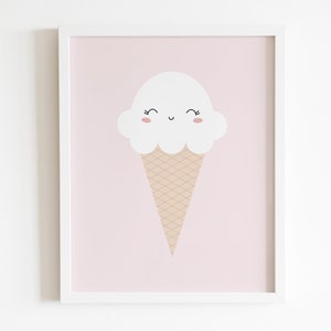 May include: A white ice cream cone with a smiling face on a pink background. The ice cream cone is in a white frame.