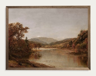 Fall Landscape Oil Painting,Autumn Painting,Lake Painting,Vintage Printable Painting,Antique Oil Painting,Gallery Wall,Vintage Rustic Decor