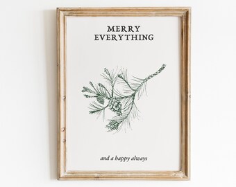 Pine Branch Printable Wall Art, Merry Everything Print, A Happy Always Poster, Vintage Botanical Watercolor Pine Print, Evergreen Painting