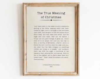 May include: A framed print with a vintage aesthetic featuring a quote about the true meaning of Christmas. The quote is from Charlie Brown Christmas, 1965.