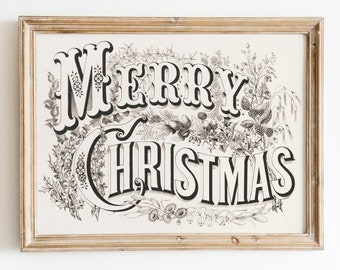 May include: A framed black and white print with the text "Merry Christmas" in a decorative font. The text is surrounded by a floral design.