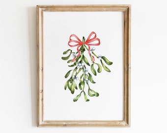 Mistletoe Printable Wall Art, Watercolor Mistletoe Branch Print, Red Bow Christmas Print, Mistletoe Poster, Christmas Prints, Winter Print