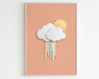 Papercut Rainbow Rain Clouds Sun Printable Wall Art,Gender Neutral Kids Poster,Boho Wall Art,Kids Room Print,Baby Room Print,Kids Wall Art