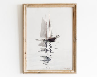 Antique Nautical Printable Painting,Ship Drawing,Vintage Boat Art,Neutral Color Art,Muted Sailboat Watercolor Painting,Antique Lake House