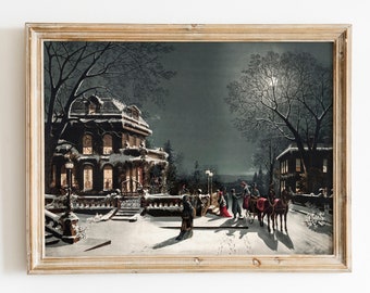 Christmas Painting Printable Wall Art, Full Moon Winter Landscape, Vintage Christmas Gallery Wall, Christmas Print,Christmas Night Print