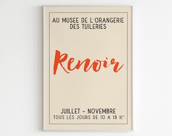 Póster imprimible del Museo de la Orangerie de Renoir en las Tullerías, arte moderno retro de mediados de siglo, arte mural contemporáneo, impresión de exposición vintage.