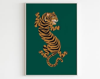 Feline Green Wall Art,Leopard Wall Art,Cheetah Print,Tiger Illustration,Printable Wall Art,Green Orange Art Print,Big Cat Print,Animal Print