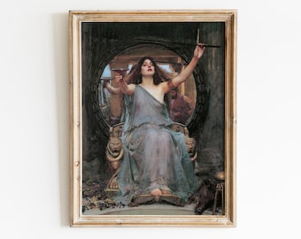 May include: A painting of a woman in a blue gown holding a cup and a staff, sitting on a throne with lion statues on either side. The woman is surrounded by a circular frame and is looking up at the viewer.