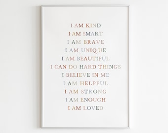 Affirmations for Kids Printable Wall Art,Kids Affirmations Print,I am Kind Smart Loved,Nursery Print,Classroom,Kids Room Art,Playroom Poster