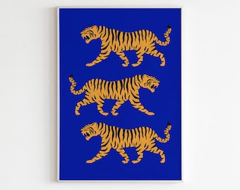 Tigers Blue Wall Art,Leopards Printable Wall Art,Cheetah Print,Tiger Illustration,Blue Marigold Tigers Art Print,Big Cat Print,Animal Print