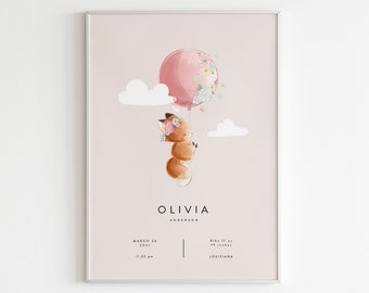 Könnte beinhalten: Ein illustriertes Poster in Rosa und Weiß mit einem Fuchs, der an einem rosa Ballon mit weißen Blumen festhält. Das Poster zeigt den Text "Olivia Anderson" und enthält das Datum "24. März 2021" und die Uhrzeit "23:20 Uhr".