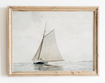 Antique Sailboat Printable Painting,Ship Drawing,Vintage Boat Art,Neutral Color Art,Muted Nautical Watercolor Painting,Antique Lake House