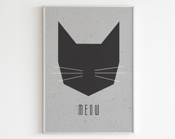 Cat Says Meow Printable, Scandinavian Poster, Nursery Wall Art, Black Cat Wall Art, Kids Room Poster, Baby Room Print, Wall Art for Children