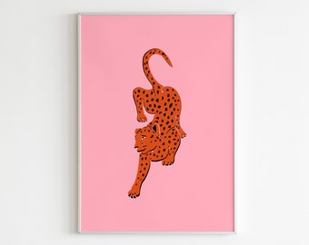 Roze kattenmuurkunst, luipaardmuurkunst, cheetaprint, tijgerillustratie, afdrukbare muurkunst, roze-oranje kunstprint, grote kattenprint, dierenprint