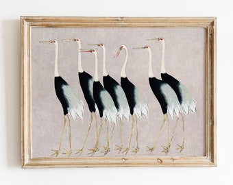 Flock of Red Crown Crane Printable Painting,Birds Painting,Japanese Abstract Oil Painting,Antique European Wall Art,Neutral Color French Art