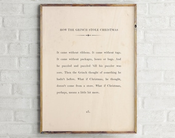 How the Grinch Stole Christmas Printable Quote, Dr. Seuss, Theodor Geisel, Christmas Poster, Book Page Print,Holiday Decor,Vintage Book Page