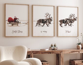 Gallery Set of 3 Christmas Santa Claus with sleigh and Reindeers Prints, Christmas Printable Wall Art, Christmas Decor, Christmas Poster Set