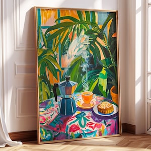 A lively, Matisse-inspired kitchen scene with bold colors and expressive brushstrokes. A steaming coffee cup, Moka pot, and pastry sit on a patterned tablecloth. Tropical plants and sunlight complete the vibrant, cozy atmosphere.