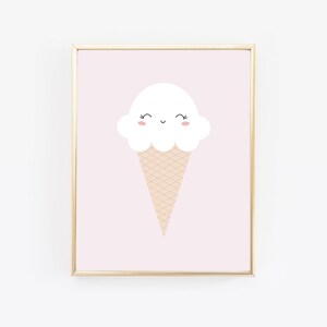May include: A framed print of a cartoon ice cream cone with a smiling face. The ice cream is white and the cone is light brown with a waffle pattern. The background is a light pink color.