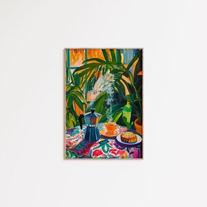 May include: A painting of a still life with a blue coffee pot, a cup of coffee, and a pastry on a colorful tablecloth. The background is a lush green plant with a window behind it.