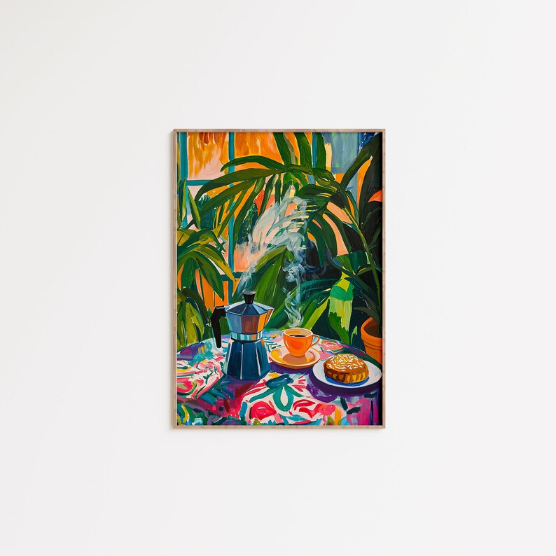 May include: A painting of a still life with a blue coffee pot, a cup of coffee, and a pastry on a colorful tablecloth. The background is a lush green plant with a window behind it.