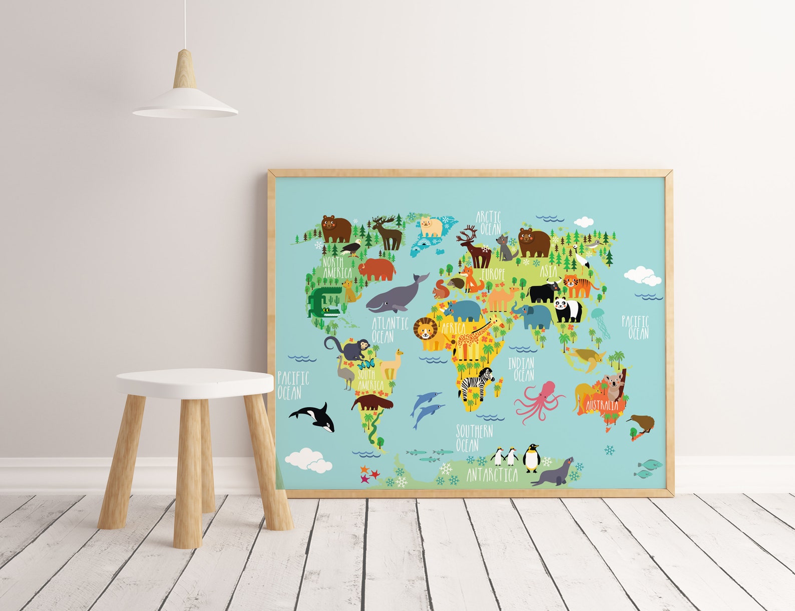 Animal World Map for Kids Room Nursery World Map Baby Room Etsy