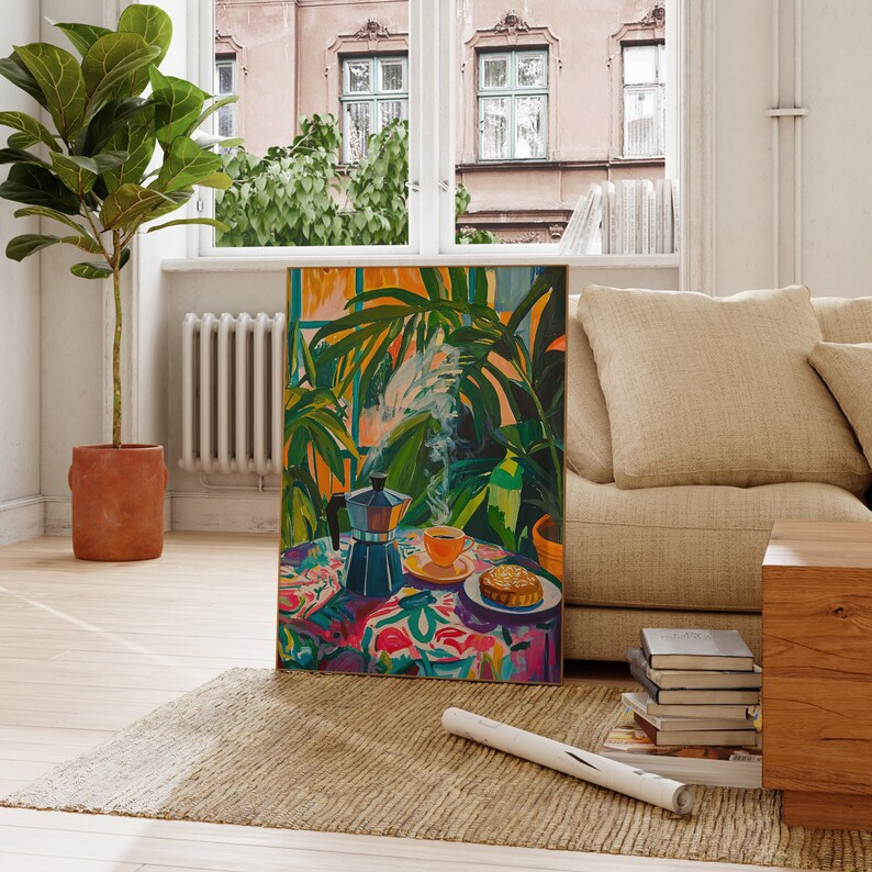 May include: A painting of a coffee pot, a cup of coffee, and a pastry on a table with a floral tablecloth. The painting is set against a backdrop of lush green foliage.