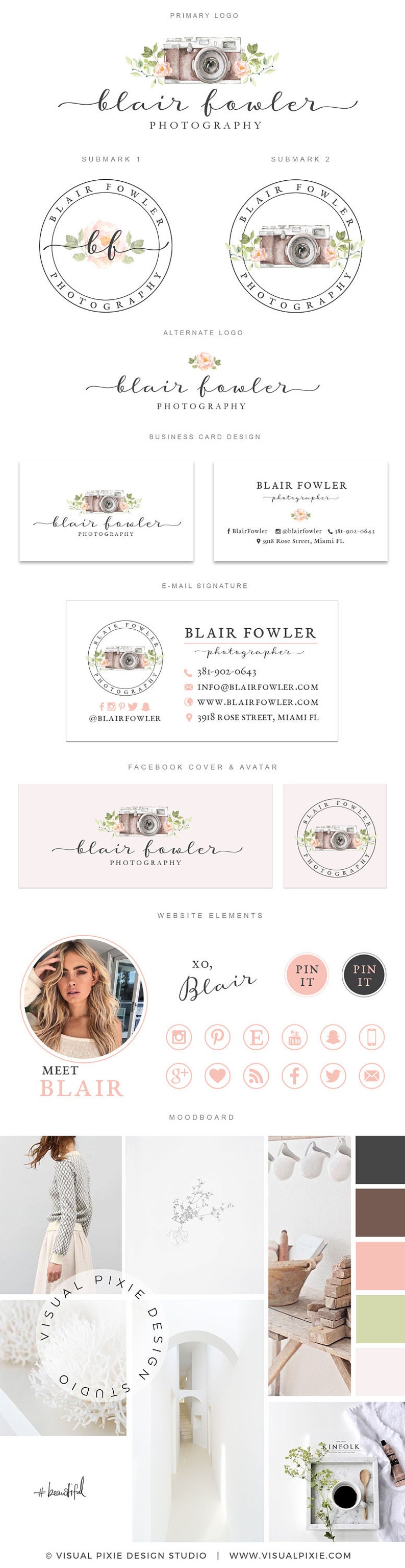 May include: A branding kit for a photography business called "Blair Fowler Photography". The kit includes a logo, submarks, alternate logo, business card design, email signature, Facebook cover and avatar, website elements, and a mood board.