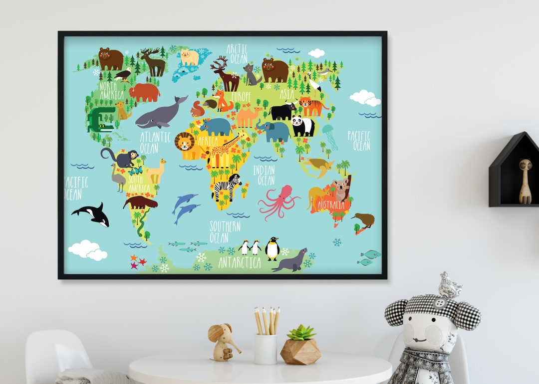 Animal World Map for Kids Room - Nursery World Map Baby Room - Baby Boy ...
