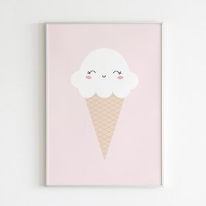 May include: A pink framed print with a white ice cream cone with a smiling face. The ice cream cone is on a pink background.