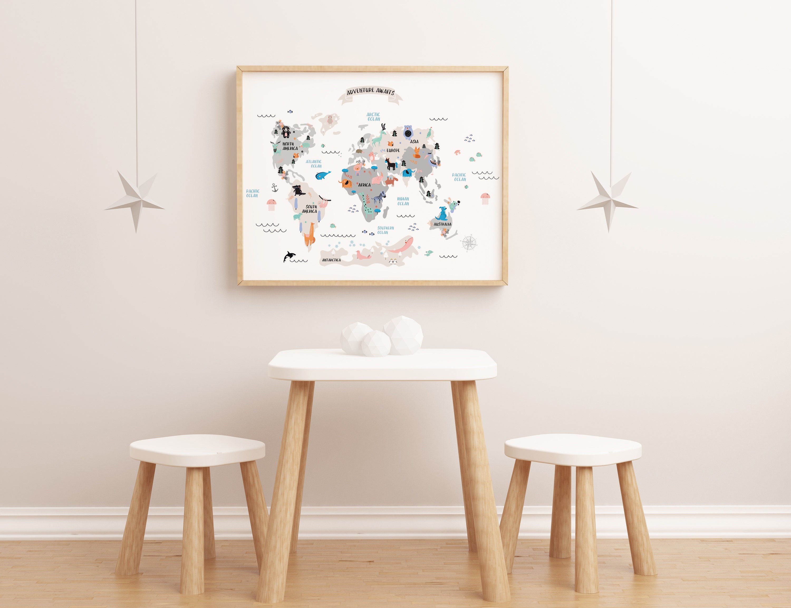 Animal World Map for Kids Room - Nursery World Map Baby Room - Baby Boy ...