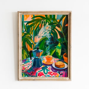 May include: A framed painting of a still life with a blue coffee pot, a cup of coffee, and a pastry on a colorful tablecloth. The background is a lush green jungle scene with a window in the distance.