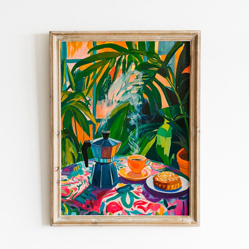 May include: A framed painting of a still life with a blue coffee pot, a cup of coffee, and a pastry on a colorful tablecloth. The background is a lush green jungle scene with a window in the distance.