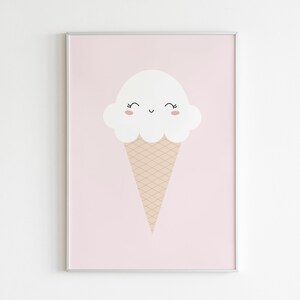 May include: A pink framed print with a white ice cream cone with a smiling face. The ice cream cone is on a pink background.