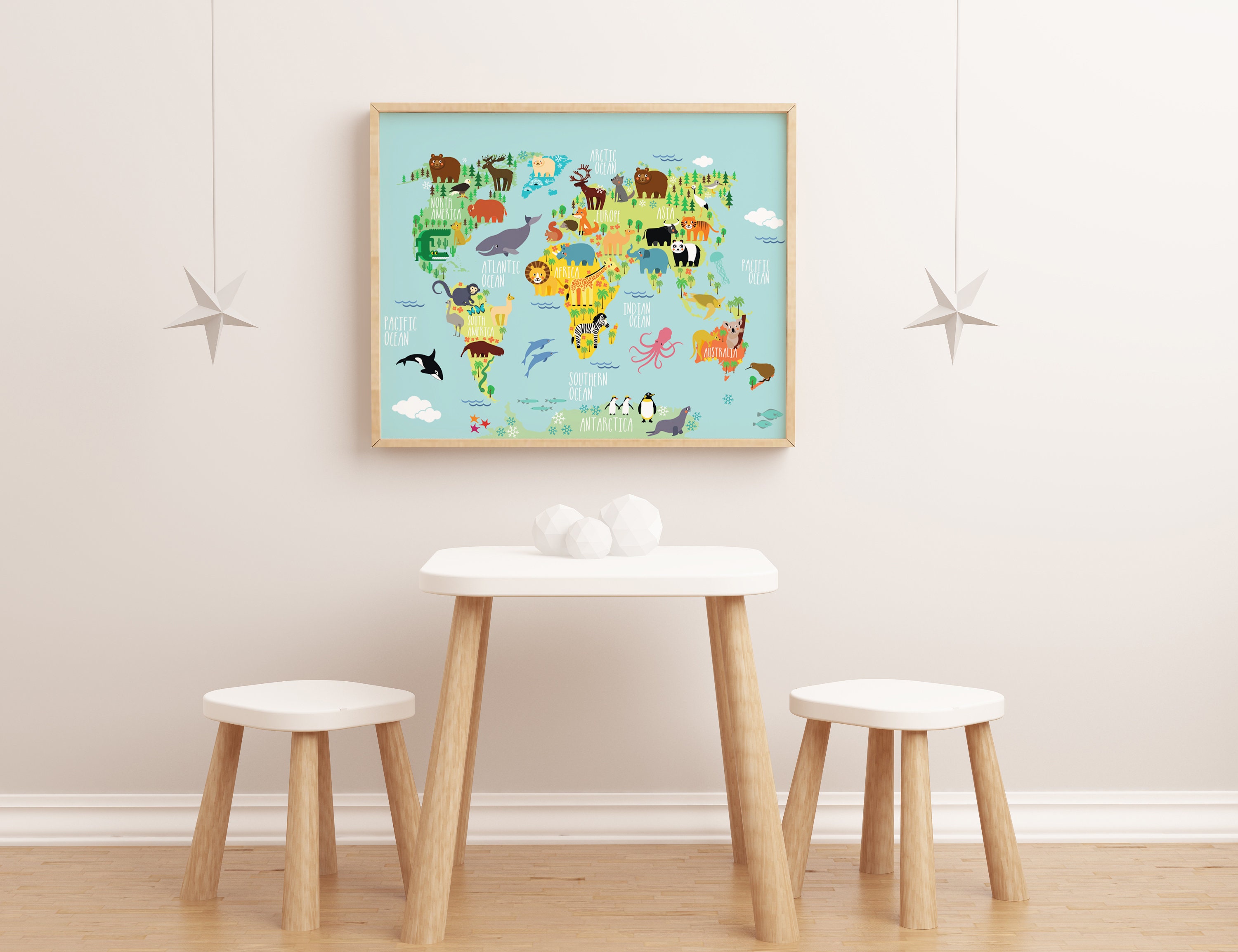 Animal World Map for Kids Room - Nursery World Map Baby Room - Baby Boy ...
