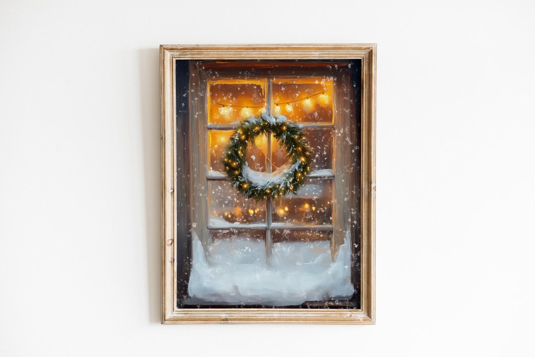 Christmas Wreath on the Window Wall Art, Snowy Wreath Print, Christmas Lights Printable, Christmas Print, Christmas Wall Art, Winter Poster - Etsy Japan