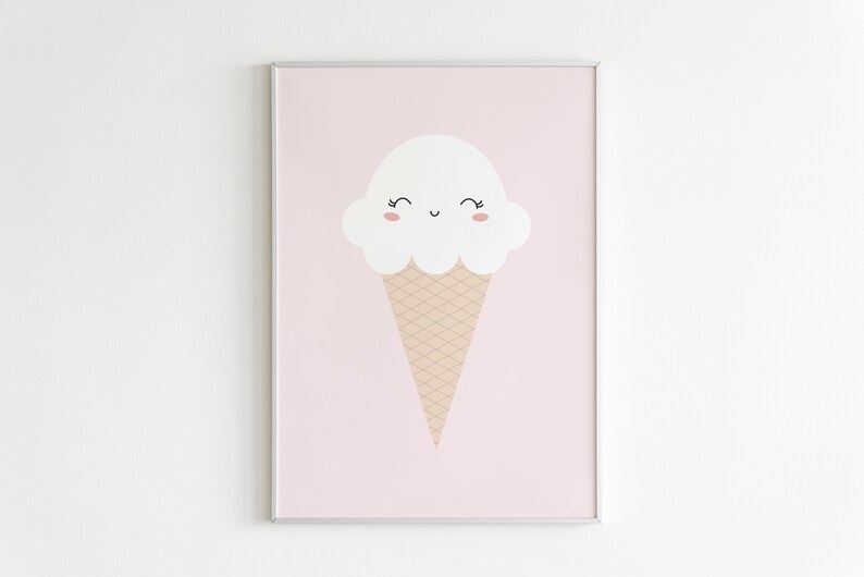 May include: A pink framed print featuring a white ice cream cone with a smiling face. The ice cream cone is on a pink background.