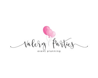 Balloon Logo Design,Party Planner Logo,Event Logo,Pink Watercolor Balloons,Premade Logo,Hand Drawn Logo,Garland Tassel Logo,Whimsical Logo